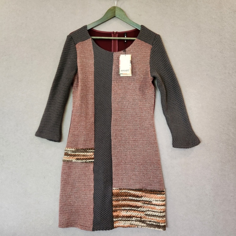 NWT Smash! Barcelona Lleida Midi Dress‎ Multi-color Purple Sz M Long Sleeve